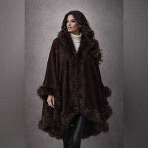 Chocolate Cashmere Silk Fox Fur-Trimmed Women's shawl wrap cape